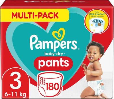 Baby-Dry Luierbroekjes Maat 3 - 180 Stuks, Eenvoudig Verschonen en Nachtbescherming (6-11 kg)