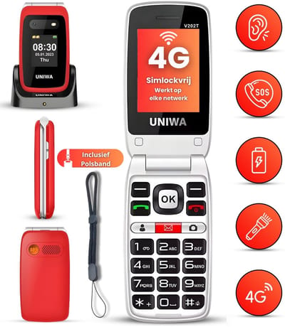 Uniwa V202T Senioren Telefoon 4G - Klaptelefoon - SOS Noodknop - Met Polsband - GSM Dumbphone - Rood