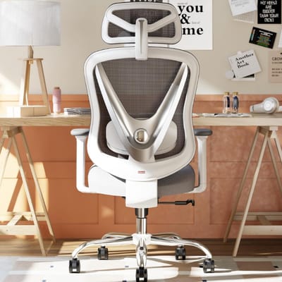 HOLLUDLE Ergonomische Bureaustoel met 3D Lendensteun en Verstelbare 3D Armleuningen, V-vormig Design, Comfortabele Bureaustoel voor Kantoor en Thuis, Wit