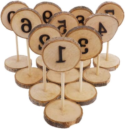Houten Tafel Nummers - Nummer Stokjes - Feestdecoratie - Met Ronde Basis - 10 stuks - Houtkleur