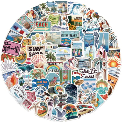 100 pièces Autocollants Esthétiques Vagues d'Été Thème Plage Surf Graffiti Autocollants pour Ordinateur Portable Bouteille d'Eau Bagages Autocollant Imperméable