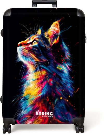 NoBoringSuitcases.com® - Koffer groot - Reiskoffer lichtgewicht - Kleurrijke kat voor zwarte achtergrond - Rolkoffer met 4 wielen - Grote trolley XL - 98 liter bagage
