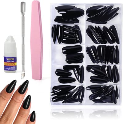 120 Stuks Lange Amandelvormige Zwarte Valse Nagels met Nagellijm, Hoogglans, Perfect voor Manicure en Nagelkunst