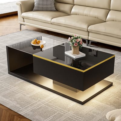 Komhtom Salontafel van 100 cm langglanzend zwart. Bijzettafelssalontafels met glas en LED-effect.