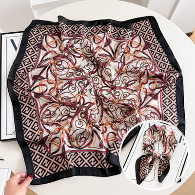 Dames Sjaal - Sjaals - Stola - Vierkante doek - Elegant Stijlvol Dames haar sjaal - Satijn zijde - Hals sjaaltje - Sjaaltje Satijn - Neksjaaltje - Omslagdoek Modesjaals - Neksjaal - Klein Sjaaltje -Dubbele F-knop - zwarte rijst-70*70CM