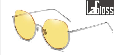 Lagloss® Ronde Oversized Dames Zonnebril Trend 2022 - Lenskleur Geel - Zilver montuur