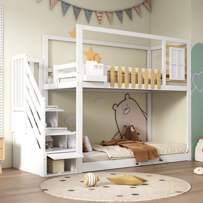 Sweiko Stapelbed - 90x200 cm - Dennenhouten frame - Opbergtrap - Met veiligheidsleuningen - Wit
