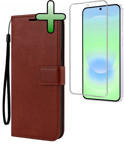 Hoesje Met Screenprotector - Geschikt voor Samsung Galaxy A37 - Luxe Pasjeshouder - Bookcase Portemonee - Flip Case - Kunstleer Book Case - Flipcase - Book Cover - Walletcase - Portemonneehoes - Bruin