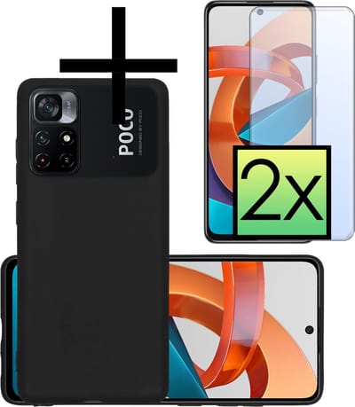 Hoesje - Met 2x Screenprotector - Geschikt voor Xiaomi Poco M4 Pro 5G - Sterk & Shockproof - Back Cover - Siliconen Case - Telefoon Hoes - Zwart
