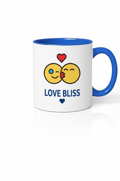 Liefdes Bliss Mok met Kus Emoticons & Hartjes - Romantische Wit Blauwe Keramische Beker