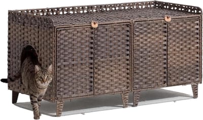 Verborgen rattan kattenbakmeubel voor 2 katten – Kattenbakomheining met uitneembare mat en 2 ophanghaken – Dubbel gebruik: bijzettafel & kattenhuisje – Eenvoudig te monteren – Afmetingen 120 x 50 x 60 cm – Bruin