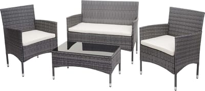 Poly-rattan set MCW-F55, balkon/tuin/lounge set Zitgroep ~ grijs, kussens creme