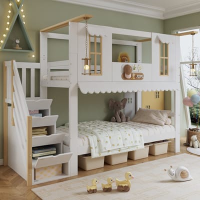 MODENUIT Stapelbed 90x200 cm – Opbergtrap en Ramen – Dakrand met Ophanggaten – Grenen en MDF – Zonder matras – Wit/Naturel