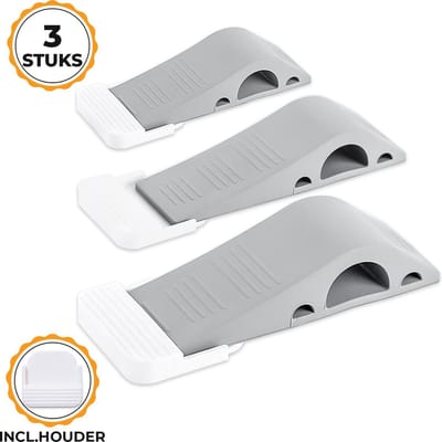Easavida – Deurstoppers – Van Rubber – 12x4x2.5 cm – Set van 3 – Stapelbaar – Met Houder – Deurwig – Voor Binnen en Buiten – Grijs – Deurbuffer – Deurklem