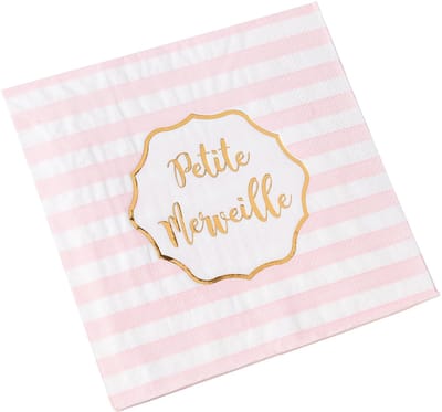 ARTYFETES - 16 papieren servetten "klein wondertje" roze gestreept 33 x 33 cm goudkleurig