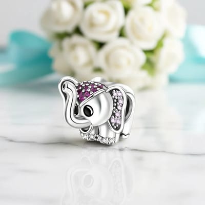 Fler® | Bedel | Past op populaire bedelarmbanden (standaard - 3mm) | Olifant Bedel | Hangbedel Charm | 925 sterling zilver | Transparante, Roze & Paarse Zirkonia’s | Zwarte emaille | Armband Kraal | Valentijnsdag Cadeau | Sinterklaas kado | Kerst