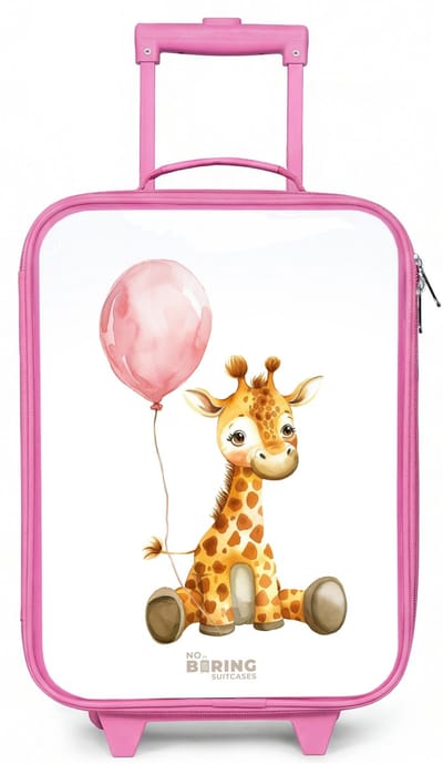 NoBoringSuitcases.com® - Kinderkoffer roze - Kindertrolley meisje - Giraffe met roze ballon - Koffer kind lichtgewicht - Reiskoffer trolley voor kinderen - Koffertje met lichtgevende wieltjes - Rolkoffer