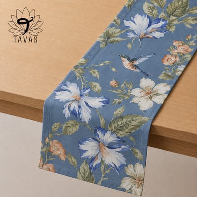 Tavas Tafelloper - 40 x 140 cm - Staalblauw - Vogeltuin - Tafeldecoratie - Tafelkleed - Tafellaken - Katoen