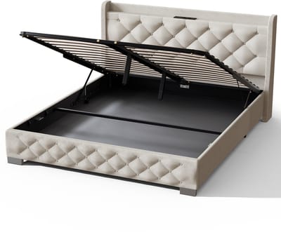 Elekiatech Boxspring 140x200cm - Bed met 680L opbergruimte - Gestoffeerd hoofdbord in fluweel - RGB LED-verlichting met 64 kleuren - Meerdere oplaadpoorten - Grijs/Beige