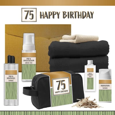 Geschenkset “75 Happy Birthday” - 8 producten - 1140 gram | Luxe wellness Cadeaubox voor Hem Giftset Feestje Verjaardag Vijfenzeventig jaar Cadeau Pakket Douche Gefeliciteerd Verjaardagscadeau Man Gift Party Seventy-five Years Hartje Goud Groen Zwart