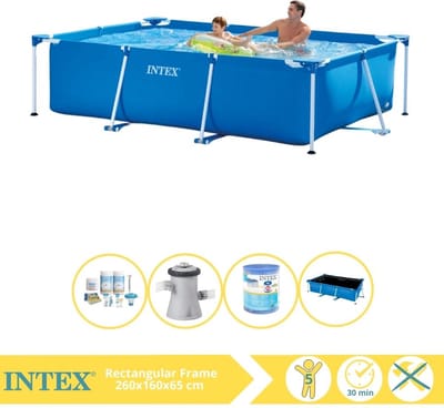 Intex Rechthoekig Frame Zwembad - 260 x 160 x 65 cm - Blauw - Inclusief Solarzeil - Onderhoudspakket - Zwembadfilterpomp - Filter - 5-delig