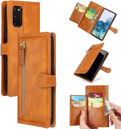 Premium vintage portemonnee hoesje met ritssluiting flip-cover hoes met kaarthoudersleuven Geschikt voor: Samsung Galaxy S21FE - licht bruin