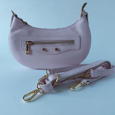 roze pastel crossbody - extra voordelig - echt leer - handgemaakt - Italië - los hengsel - messing details - uitverkoop - top kwaliteit