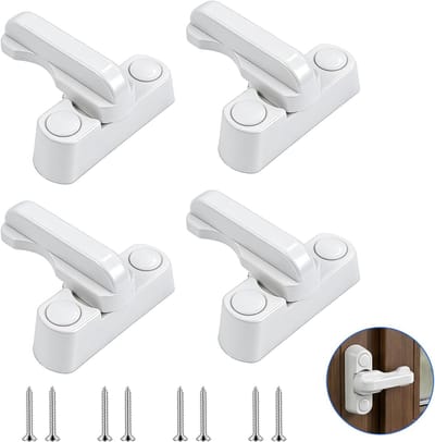 SnelShoppen - Pack van 4 Raambeveiliging met Draaislot, Extra Slot voor PVC Ramen en Deuren, Inbraakbeveiliging met Duurzame Poedercoating, Sterke Zin