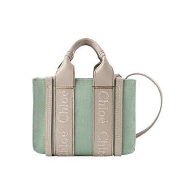 Chloe Woody Logo Geborduurd Effen Kleur Linnen Canvas En Glanzend Kalfsleer Tote Bag Boodschappentas Schoudertas Crossbody Handtas Mini CHC23-SP237J27-37J Basic Set (Bag+Dust Bag) beige
