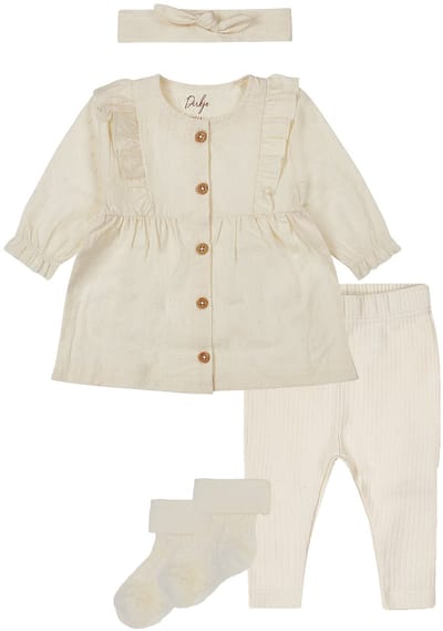 Dirkje Noppies - Kledingset - 4delig - Dirkje Jurkje met haarband - Legging - Offwhite - 1 paar noppies sokjes oatmeal met werkje - Maat 50