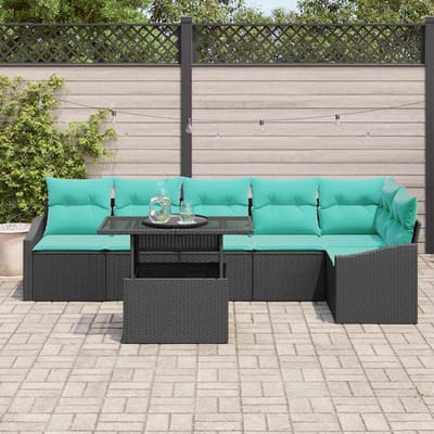 vidaXL - Tuinbank - Set - 7 - st - Zwart - en - Blauw - poly - rattan