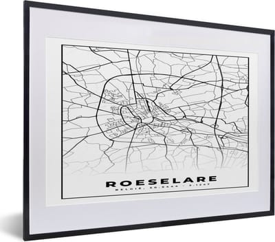 Fotolijst incl. Poster Zwart Wit- Zwart Wit – België – Plattegrond – Stadskaart – Kaart – Roeselare - 40x30 cm - Posterlijst