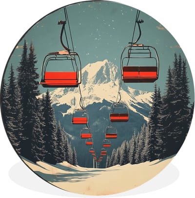 WallCircle - Wandcirkel - Muurcirkel - Sneeuw - Skilift - Rood - Bomen - Aluminium - Dibond - 30x30 cm - Binnen en Buiten