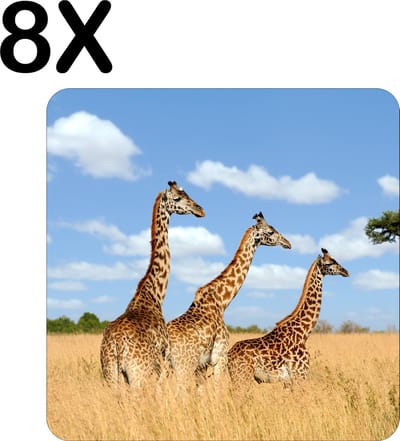 Luxe Placemat - Drie Giraffen in het Hoge Bruine Gras - Set van 8 Placemats - 50x50 cm - 2 mm dik Vinyl - Anti Slip - Afneembaar