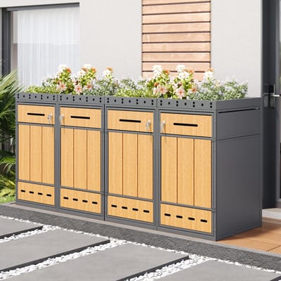 Re-purelife® Containerombouw met plantendak voor 4 afvalcontainers 120-240 liter - afvalbak ombouw van staal met houtlook deuren - grijs/houtkleur - 264*80*124 cm