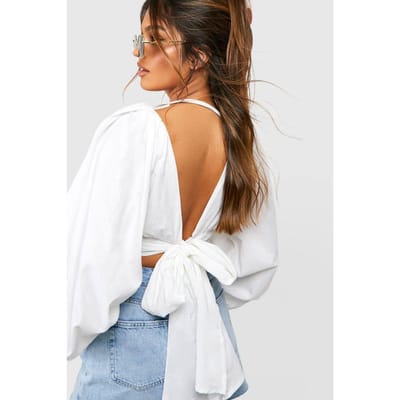 boohoo Dames Linnen Look Crop Top met Ballonmouwen en Bandjes Achter | White | Maat: 6