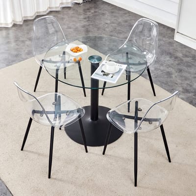 Eettafelset met stoelen. Moderne ronde eettafel met een diameter van 85 cm, gemaakt van gehard glas, gecombineerd met 4 transparante kunststof eetkamerstoelen. Geschikt voor eetkamers, keukens en andere ruimtes.