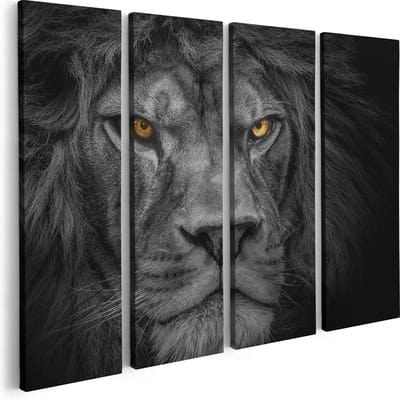Artaza Canvas Schilderij Vierluik Leeuw - Leeuwenkop - Zwart Wit - 80x60 - Foto Op Canvas - Canvas Print