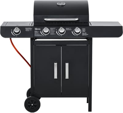 Killogood Gasbarbecue met 3 hoofdbranders + 1 zijbrander - plank - roestvrij staal - zwart - 110 x 50 x 100 cm