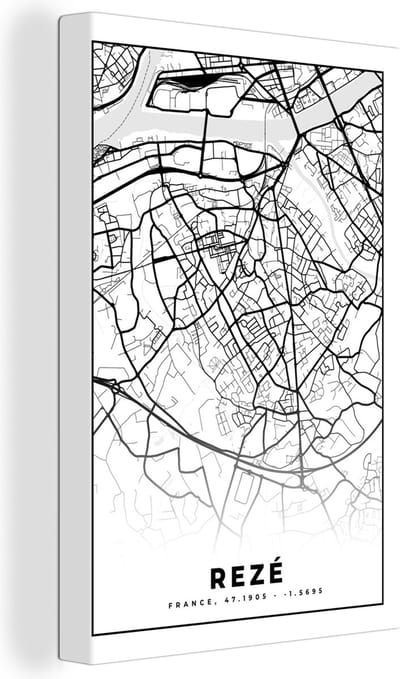 Canvas Schilderij Rezé - Stadskaart - Plattegrond - Kaart - Frankrijk - Zwart wit - 20x30 cm - Wanddecoratie