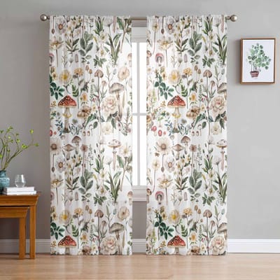 Paddenstoel Plant Handgetekend Retro Tule Raamgordijnen voor Slaapkamer Luxe Huisdecoratie Drapes in Woonkamer Chiffon Panelen 135W x 114H(cm) white