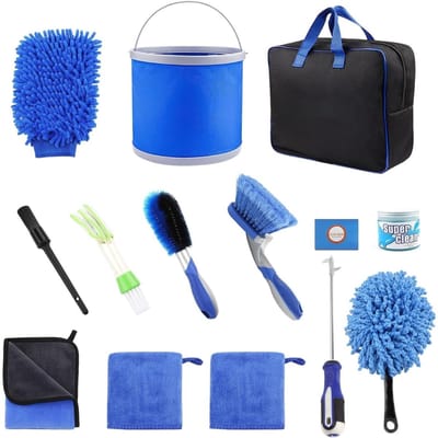 Autoreinigingsset – 14 Stuks – Auto Wasgereedschap – Met Opbergtas – Emmer – Wielborstel – Microvezel Handschoen – Drooghanddoek – Autoklei – Auto Schoonmaakset – Auto Poetsen – Exterieur Interieur
