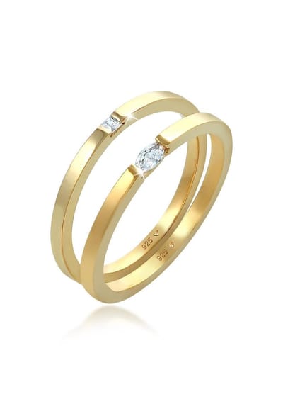 Elli - Ring - Dames Set Solitaire Marquise Baguette Cut met Zirconia Kristallen in 925 Sterling Zilver Verguld - Dames