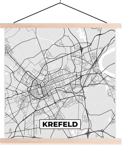 Posterhanger incl. Poster 40x40 cm - Schoolplaat - Plattegrond - Duitsland - Krefeld - Kaart - Stadskaart - Textielposter - Blanke latten - Stadskaart
