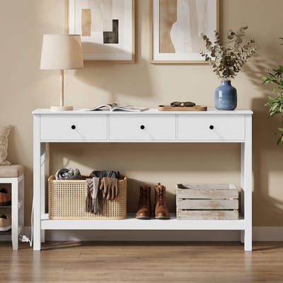 Bealife FS33 Console tafel – Met 3 laden, 2 stopcontacten, USB & Type-C – Waterbestendig – 130×30×80 cm – Wit houtnerf