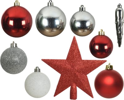 33x stuks kunststof kerstballen met piek rood/wit/zilver 5-6-8 cm - Onbreekbare kerstballen