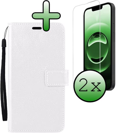 Hoesje Met 2x Screenprotector - Geschikt voor Apple iPhone 16e - Luxe Pasjeshouder - Bookcase Portemonee - Flip Case - Kunstleer Book Case - Flipcase Hoes - Book Cover - Walletcase - Portemonneehoes - Wit