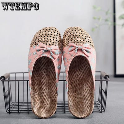 Linnen Slippers Dames Bovenkleding Schoenen Zomer Dikke Zool Sandalen Binnenhuis Thuis Zachte Zool Antislip Gras Rotan Slipper Buiten Strand Slippers 39-40 rood