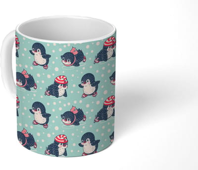 Mok - Koffiemok - Pinguïn - Schaatsen - Muts - Kinderen - Patroon - Mokken - 350 ML - Beker - Koffiemokken - Theemok