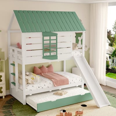 MODFU - Stapelbed 90x200 cm – Wit/groen met glijbaan & uitschuifbed – Huisjesdesign